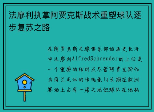 法廖利执掌阿贾克斯战术重塑球队逐步复苏之路 法廖利执掌阿贾克斯战术重塑球队逐步复苏之路