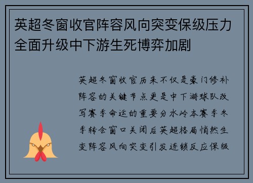 英超冬窗收官阵容风向突变保级压力全面升级中下游生死博弈加剧 英超冬窗收官阵容风向突变保级压力全面升级中下游生死博弈加剧